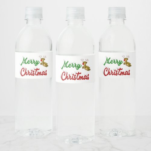 Merry Christmas Flying Reindeer red green script Water Bottle Label