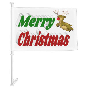 Merry Christmas Flying Reindeer typography Car Flag