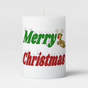 Merry Christmas Flying Reindeer typography Pillar Candle