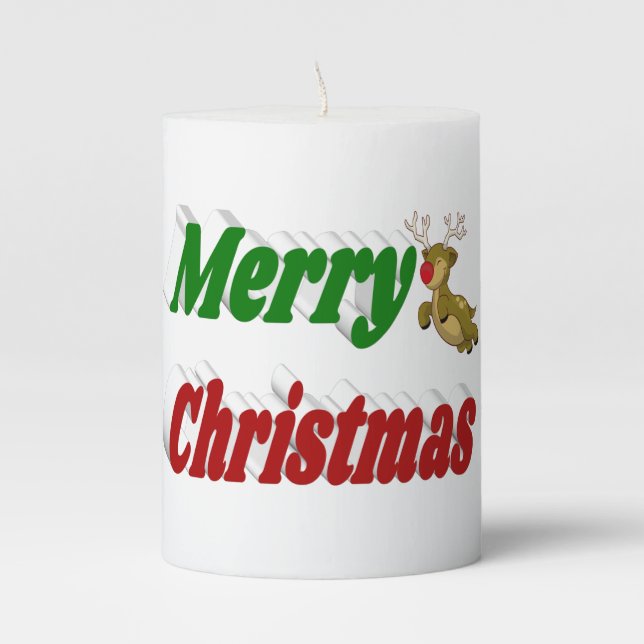 Merry Christmas Flying Reindeer typography  Pillar Candle (Front)