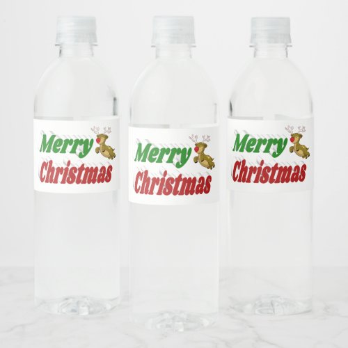 Merry Christmas Flying Reindeer typography Water Bottle Label