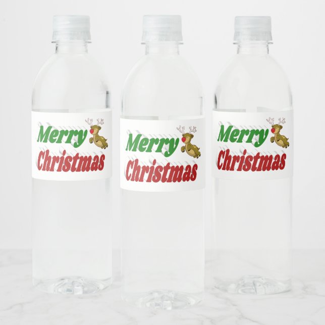 Merry Christmas Flying Reindeer typography Water Bottle Label (Bottles)
