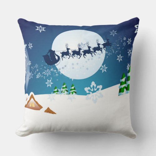 Merry Christmas Flying Santa  Rain_Deers Throw Pillow