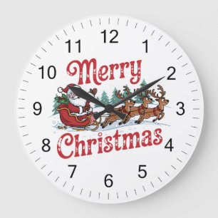 Merry Christmas Flying Santa Sleigh Reindeer Large Clock