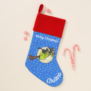 Merry Christmas Flying Witch Cat on Broom Stars Christmas Stocking
