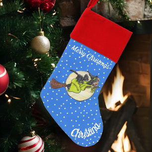 Merry Christmas Flying Witch Cat on Broom Stars Stocking