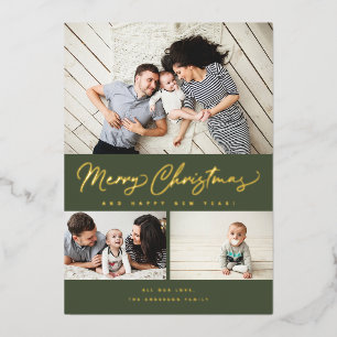 Merry Christmas Foil Script 3 Collage Multi-Photo Foil Holiday Card