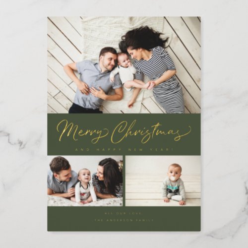 Merry Christmas Foil Script 3 Collage Multi_Photo Foil Holiday Card