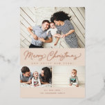 Merry Christmas Foil Script 3 Collage Multi-Photo Foil Holiday Card<br><div class="desc">Featuring modern brush script with 3 of your photos. Comes with a photo on the back as well.</div>