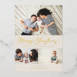 Merry Christmas Foil Script 3 Collage Multi-Photo Foil Holiday Card<br><div class="desc">Featuring modern brush script with 3 of your photos. Comes with a photo on the back as well.</div>