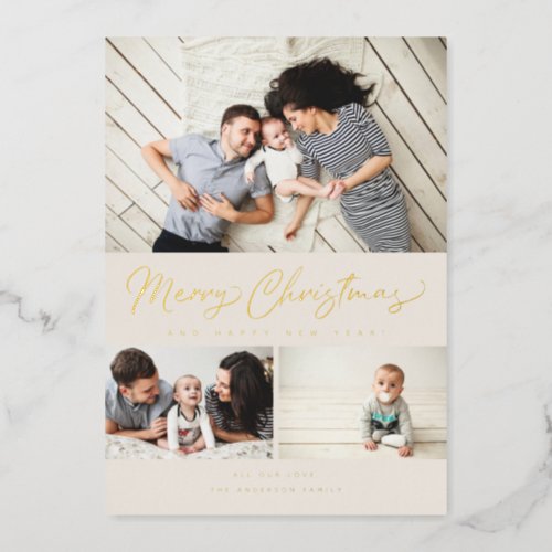 Merry Christmas Foil Script 3 Collage Multi_Photo Foil Holiday Card