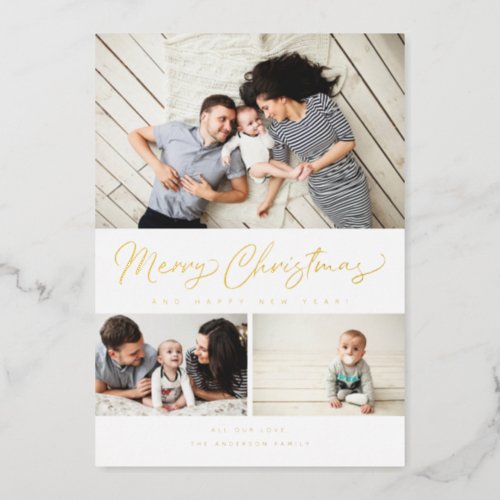 Merry Christmas Foil Script 3 Collage Multi_Photo Foil Holiday Card