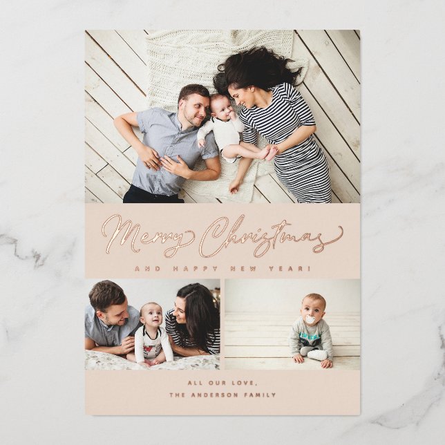 Merry Christmas Foil Script 3 Collage Multi-Photo Holiday Card (Front)