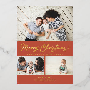 Merry Christmas Foil Script 3 Collage Multi-Photo Holiday Card
