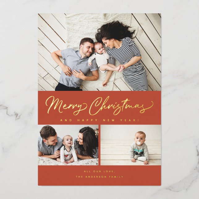 Merry Christmas Foil Script 3 Collage Multi-Photo Holiday Card (Front)
