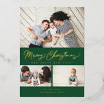 Merry Christmas Foil Script 3 Collage Multi-Photo Holiday Card<br><div class="desc">Featuring modern brush script with 3 of your photos. Comes with a photo on the back as well.</div>