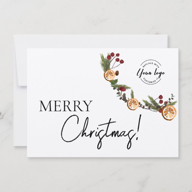 Merry Christmas Foliage Wreath Business logo  Holiday Card (Front)
