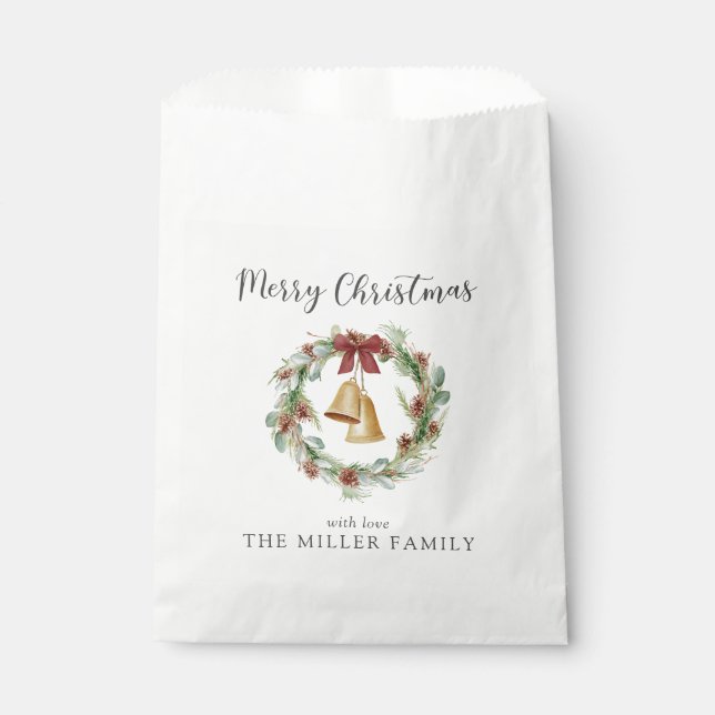 Merry Christmas, foliage wreath with golden bells Favor Bag (Front)