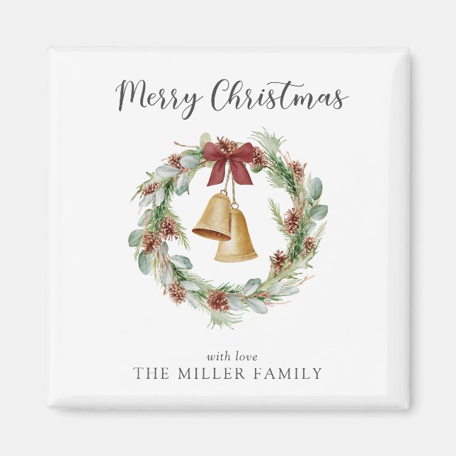 Merry Christmas Foliage Wreath with Golden Bells Magnet (Front)