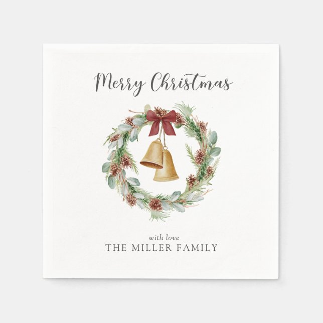 Merry Christmas Foliage Wreath with Golden Bells Napkins (Front)