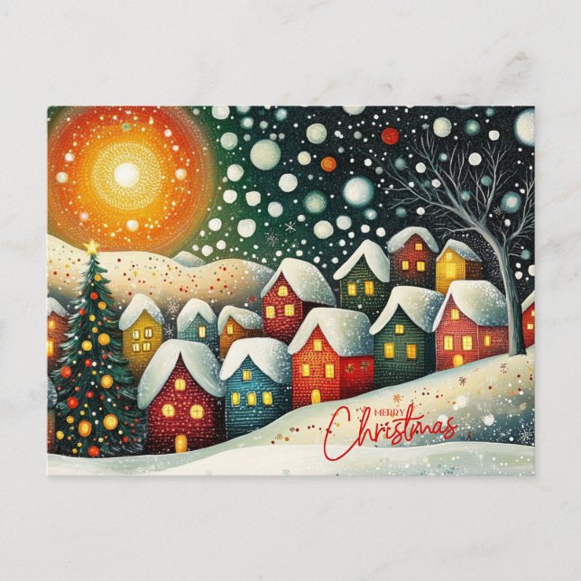 Merry Christmas Folk Art Village, Christmas Tree  Holiday Postcard (Front)