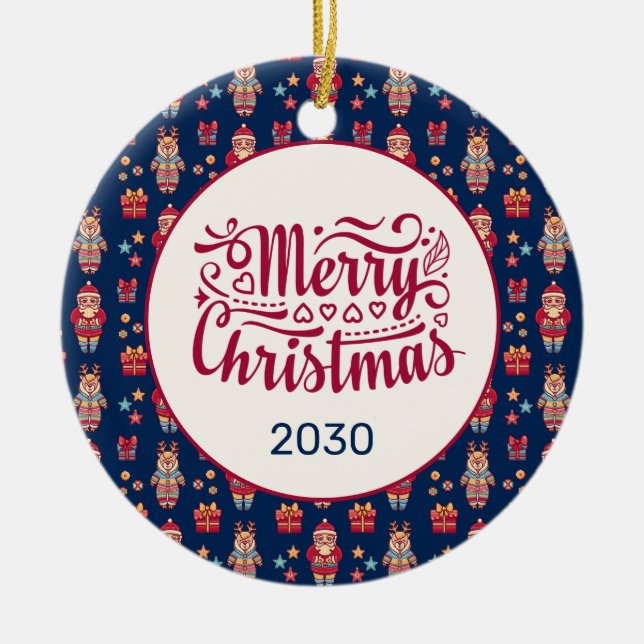 Merry Christmas Folk Santa Reindeer Blue Custom Ceramic Ornament (Front)