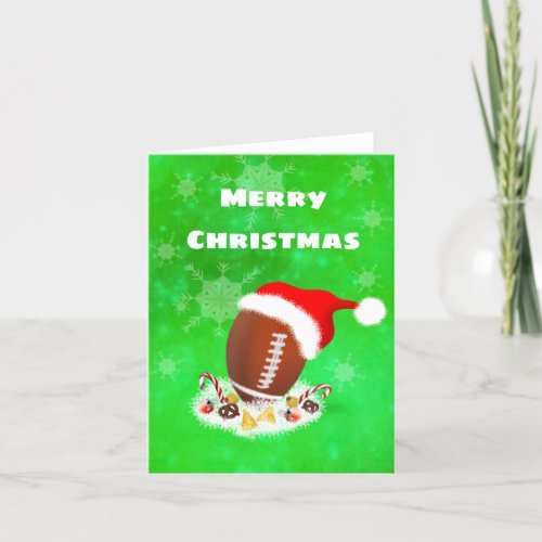 Merry Christmas Football With Santa Hat And Snacks Holiday Card