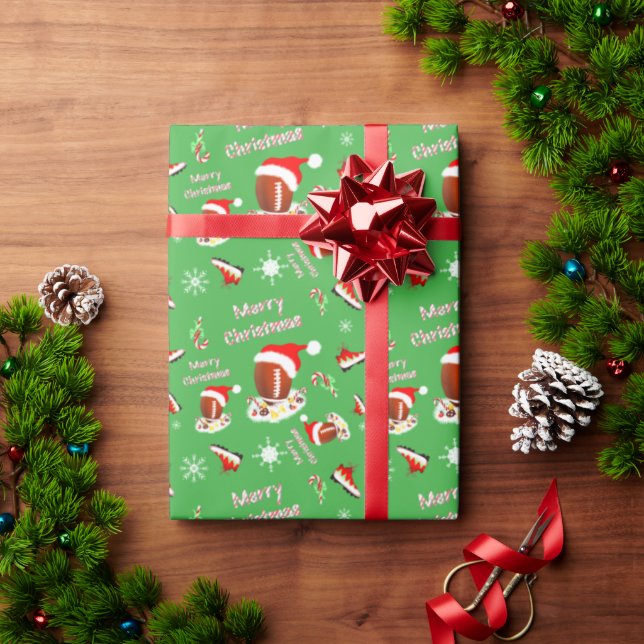 Merry Christmas Football With Snack Food Pattern Wrapping Paper (Holiday Gift)