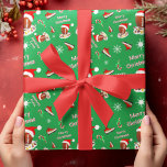 Merry Christmas Football With Snack Food Pattern  Wrapping Paper<br><div class="desc">A stylish,  one-of-a-kind Christmas football pattern with a football player wearing a Santa hat and seated in a white wreath surrounded by popular football snacks. "Merry Christmas" candy cane stripe words,  football winter cleats,  and Candy Cane with football motif A fantastic Christmas wrapping paper for football fans!</div>
