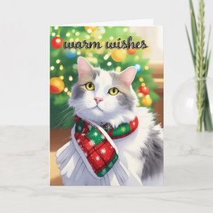 Merry Christmas For Anyone Warm Wishes Cute Cat Holiday Card
