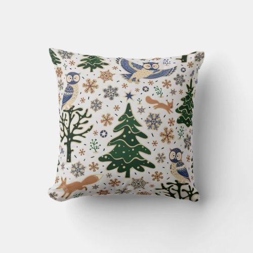Merry Christmas Forest Animals Owl Throw Pillows