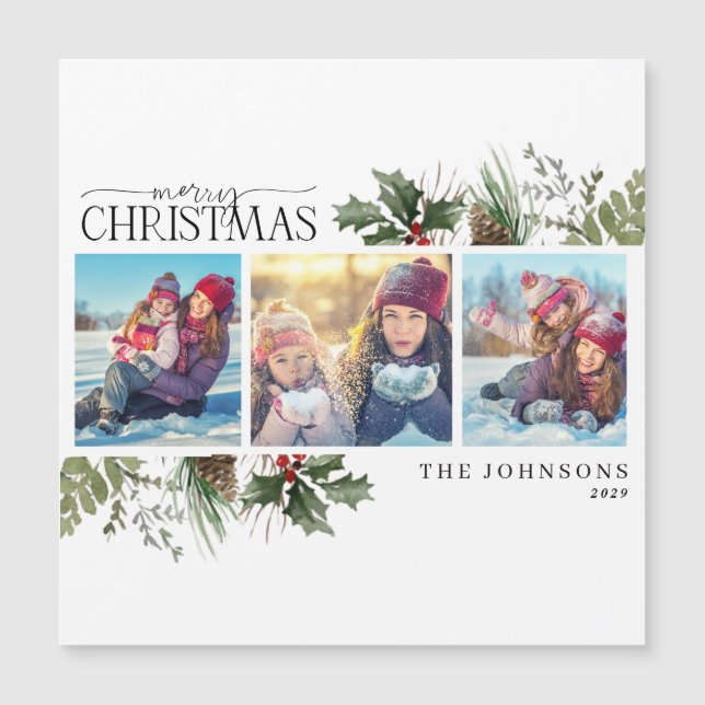 Merry Christmas Forest Berry Pinecone Photo Magnet (Front)