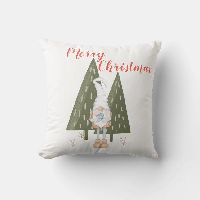 Merry Christmas Forest Gnome White Throw Pillow (Front)