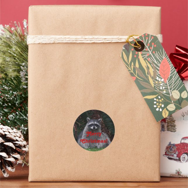 Merry Christmas Forest Raccoon Holiday Classic Round Sticker (Holiday)