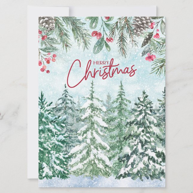 Merry Christmas Forest, Red Berries, Pinecones  Card (Front)