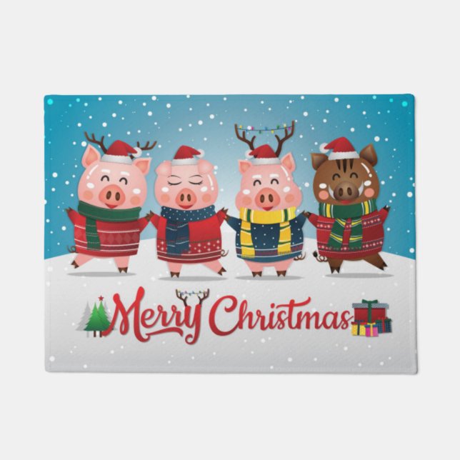 Merry Christmas Four Little Pigs Doormat (Front)