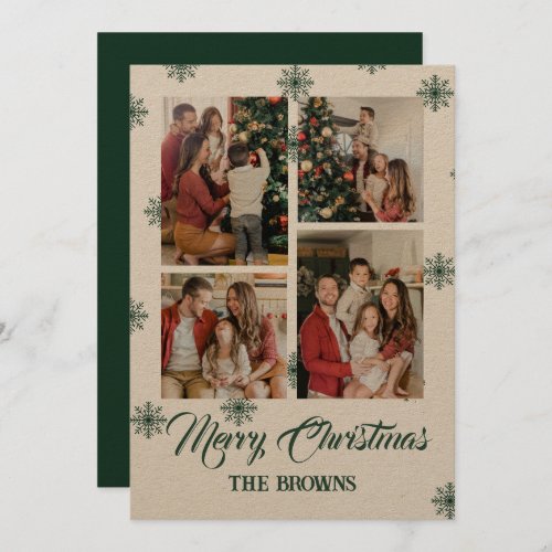 Merry Christmas Four Photo Collage Green Beige Holiday Card