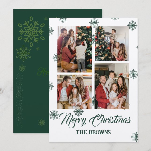 Merry Christmas Four Photo Collage Green Beige Holiday Card (Front/Back)