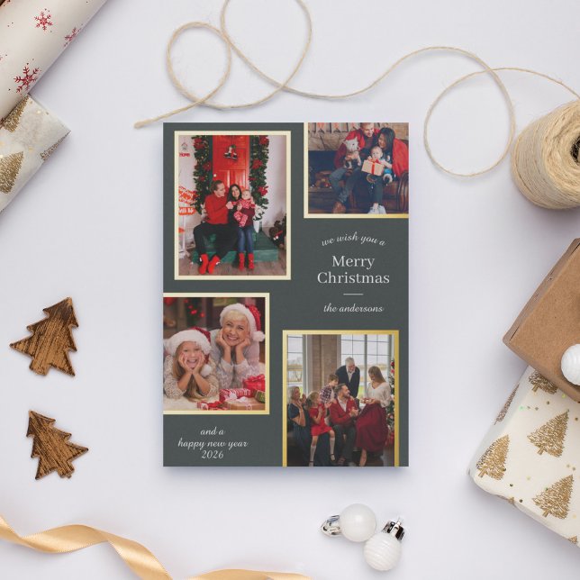 Merry Christmas Four Photos Classic Stripes Green Foil Holiday Card (Creator Uploaded)