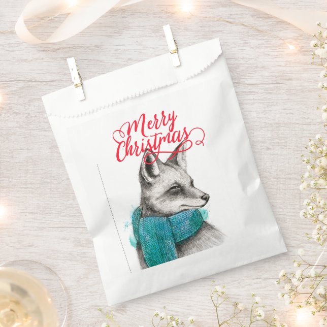 Merry Christmas Fox Drawing Favor Bag (Clipped)