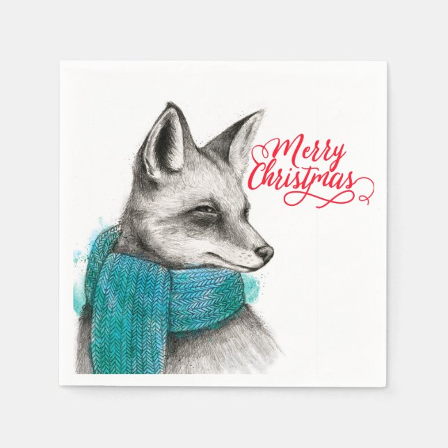 Merry Christmas Fox Drawing Napkins (Front)