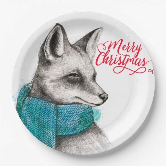 Merry Christmas Fox Drawing Paper Plates (Front)