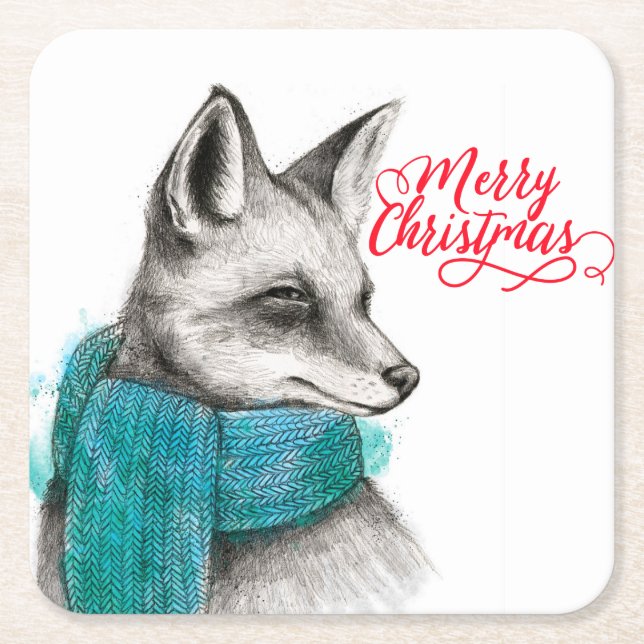 Merry Christmas Fox Drawing Square Paper Coaster (Front)