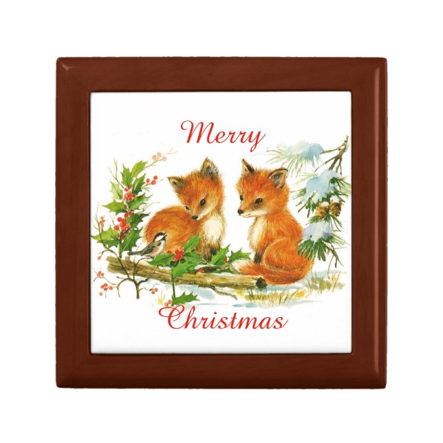 Merry Christmas Foxes Wooden Keepsake Box (Front)