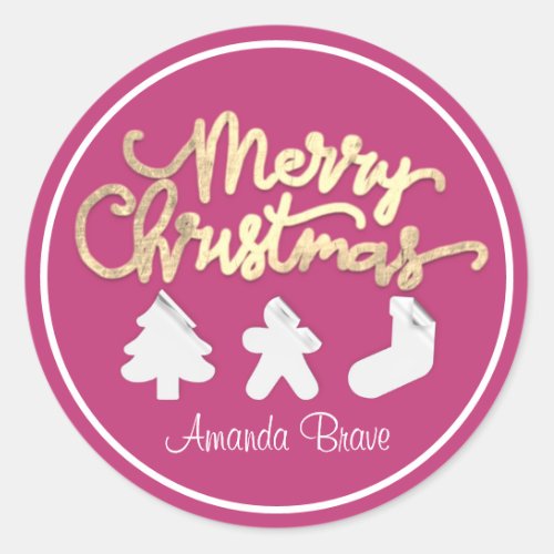 Merry Christmas Framed Tree Name Gold Berry Pink Classic Round Sticker