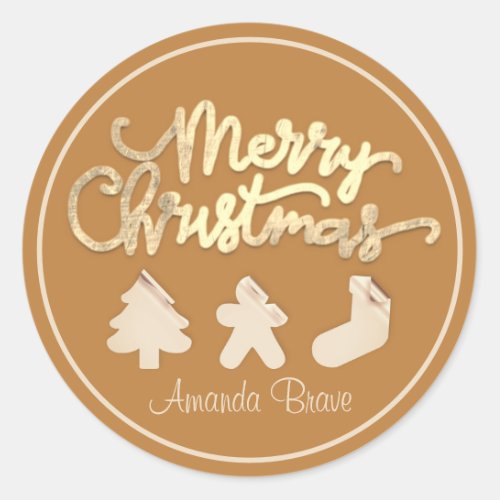 Merry Christmas Framed Tree Name Gold Honey  Rose Classic Round Sticker