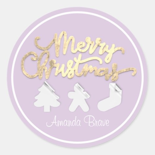 Merry Christmas Framed Tree Name Gold Lavender  Classic Round Sticker