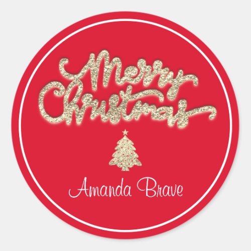 Merry Christmas Framed Tree Name Gold Red   Classic Round Sticker