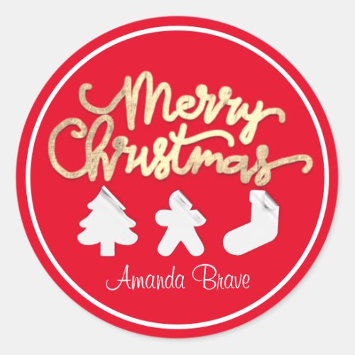 Merry Christmas Framed Tree Name Gold Red White Classic Round Sticker