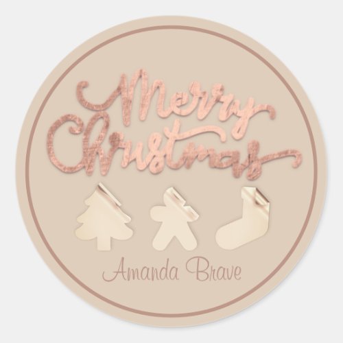 Merry Christmas Framed Tree Name Rose Brown Ivory Classic Round Sticker